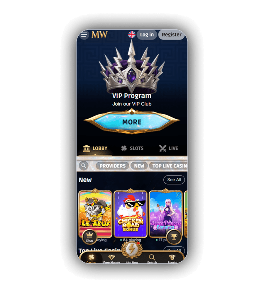 MythosWin lobby on a phone with a silver crown and purple gem above the words VIP Program and Join our VIP Club, a crystal MORE button in a gold frame, the tabs Lobby, Slots and Live, a filter row with Providers, New and Top Live Casino and the new games Le Zeus, Chicken Road Bonus and Beach Princess Bonanza