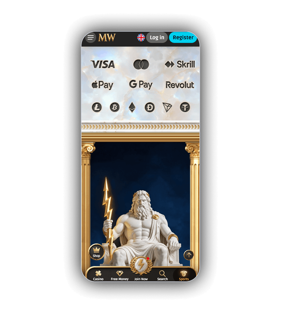 MythosWin payments screen on a phone with Visa, Mastercard, Skrill, Apple Pay, Google Pay and Revolut on a marble panel, the coin symbols of Bitcoin, Tether, Ethereum, Tron, Litecoin and Dogecoin, and a white Zeus statue with a golden lightning bolt between two gold columns