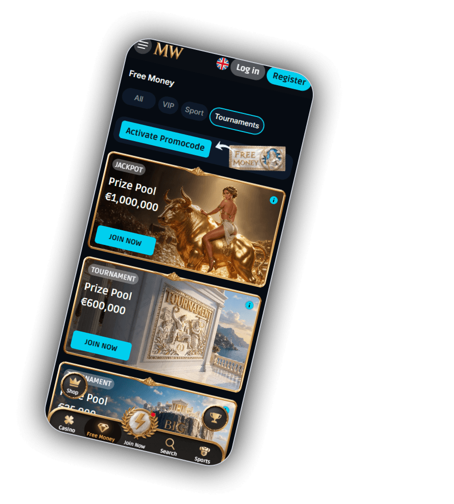 MythosWin Free Money page on a phone with the filters All, VIP, Sport and Tournaments, a cyan Activate Promocode button next to a Free Money coin, a Jackpot card with a prize pool of €1,000,000 showing a woman on a golden bull, a Tournament card with €600,000 and a marble relief, and a third card with €25,000