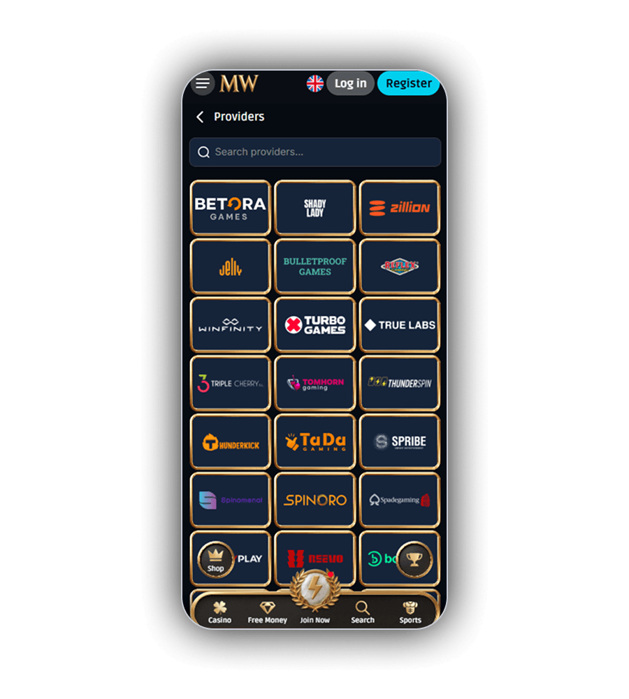 MythosWin provider screen on a phone with a Search providers field and gold framed logo tiles for Betora Games, Shady Lady, Zillion, Jelly, Bulletproof Games, Reflex Gaming, Winfinity, Turbo Games, True Labs, Triple Cherry, Tom Horn Gaming, Thunderspin, Thunderkick, TaDa Gaming, Spribe, Spinomenal, Spinoro and Spadegaming