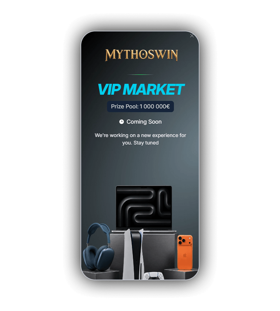MythosWin VIP Market screen on a phone with the gold MythosWin logo, the title VIP MARKET in cyan, a prize pool of €1,000,000 and a row of rewards: blue headphones, a laptop, a game console with controller and an orange smartphone