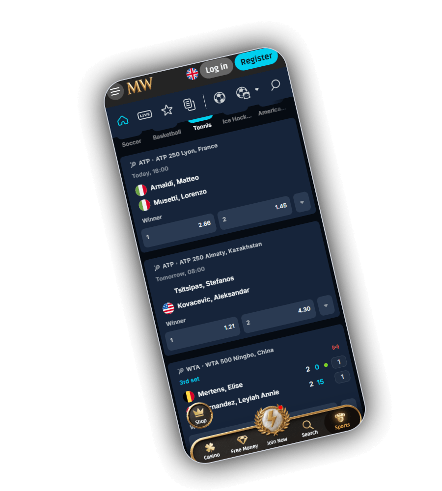 MythosWin sportsbook on a phone with icons for home, live, favourites and the bet slip, the sport tabs Soccer, Basketball, Tennis, Ice Hockey and American football, and tennis matches from the ATP 250 in Lyon and Almaty and a live WTA 500 match in Ningbo with Winner odds