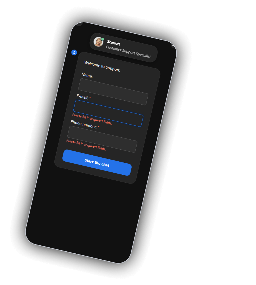 MythosWin support chat on a phone with Scarlett, Customer Support Specialist, at the top, the greeting Welcome to Support, the fields Name, E-mail and Phone number with required field warnings and a blue Start the chat button