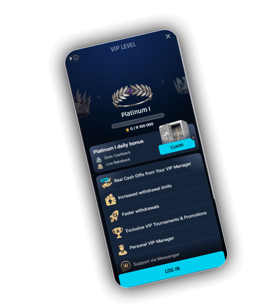 MythosWin VIP Level screen on a phone with a silver laurel crown and purple gem for the Platinum I level, a progress bar at 0 of 9,100,000, a Platinum I daily bonus with Slots Cashback and Live Rakeback and a cyan CLAIM button, six VIP perks and a LOG IN button